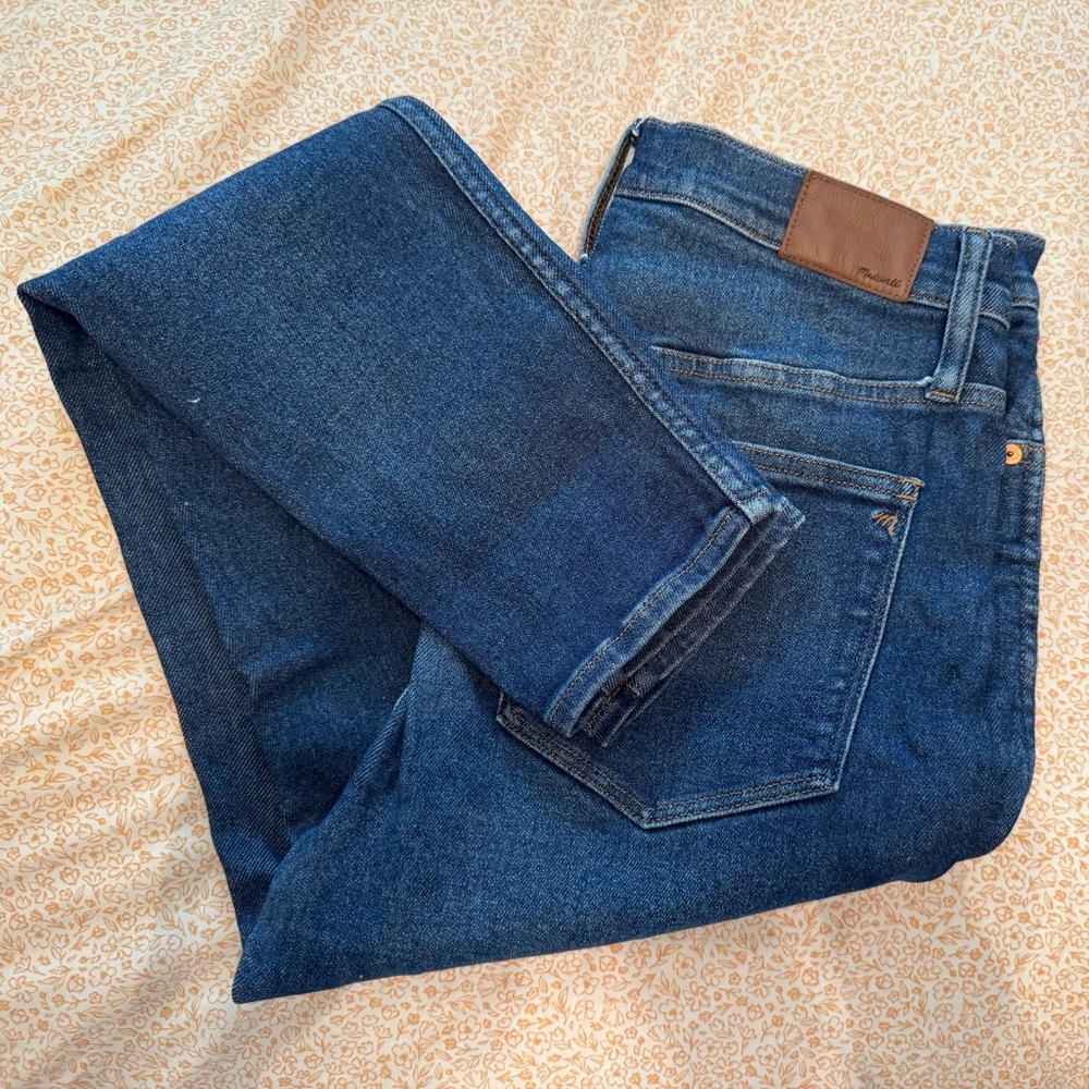 Madewell Skinny Jeans in Deep Blue Denim with Brown Patch